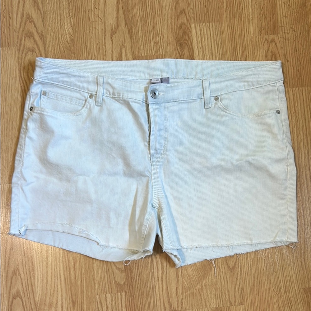 Women's blue/cream small pin strip style with raw edge.